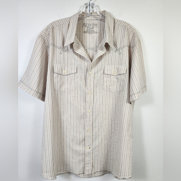 Rewire Men's Beige Striped Shirt Short Sleeve Retro, sz XL - Picture 4 of 13